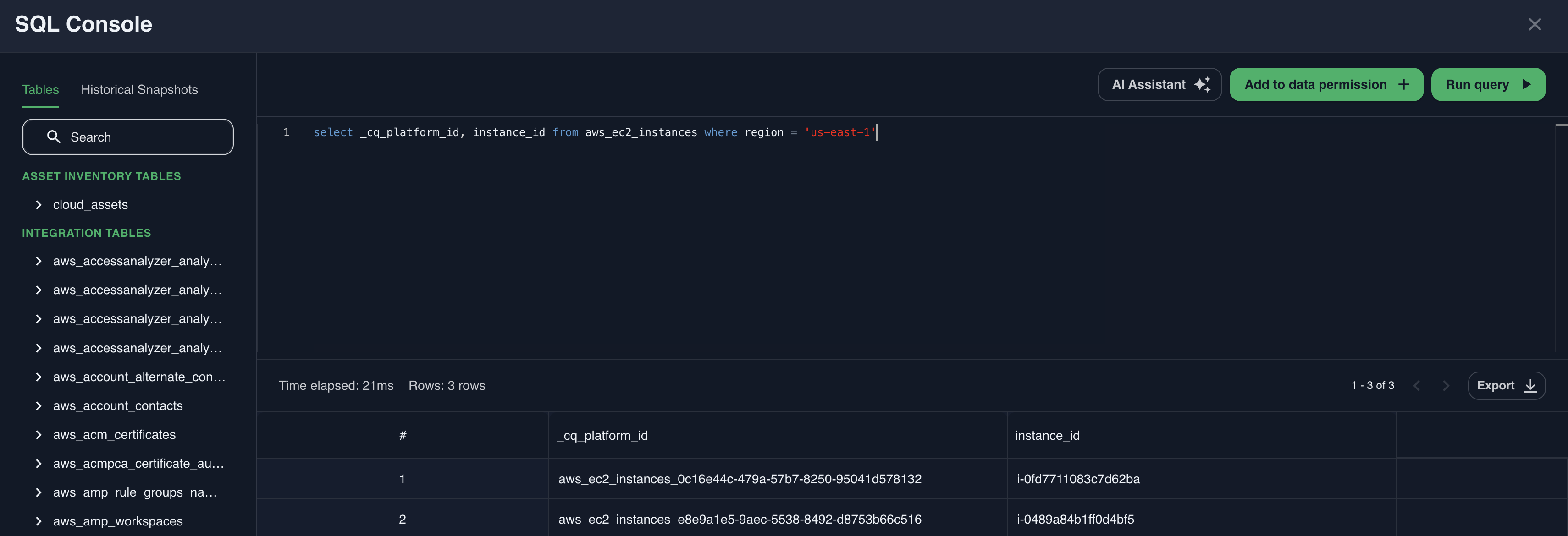 SQL Console with a data access permission definition